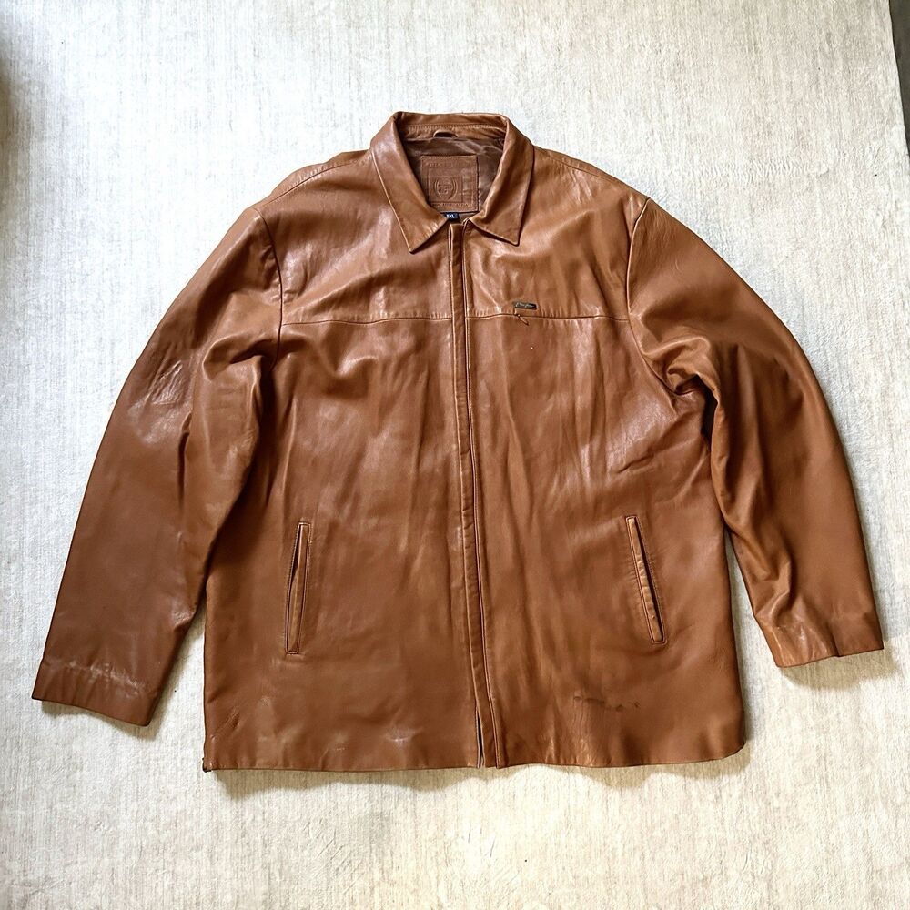 Phat Farm Leather Jacket Mens 5XL Brown Y2K Buttery Soft FLAWS READ